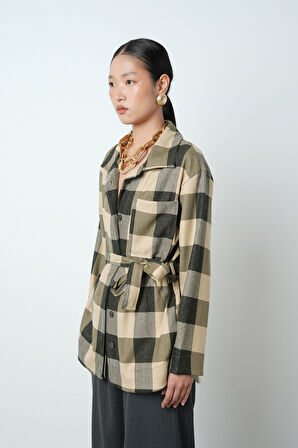 Kadın Ekose Desenli Tek Cepli Kuşaklı Tesettür Gömlek-Ceket