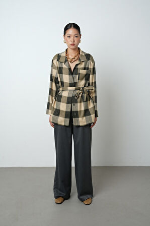 Kadın Ekose Desenli Tek Cepli Kuşaklı Tesettür Gömlek-Ceket