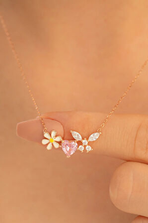 Kadın Gümüş Kolye - Rose Altın Kaplama Zirkon Taşlı Kalp Motifli Gümüş Kolye