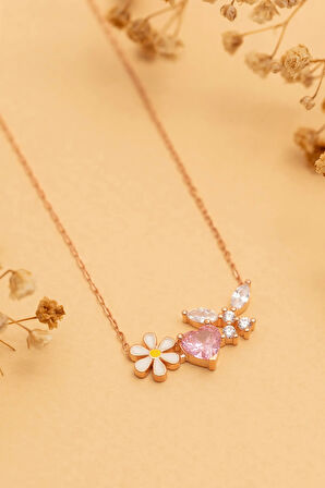 Kadın Gümüş Kolye - Rose Altın Kaplama Zirkon Taşlı Kalp Motifli Gümüş Kolye