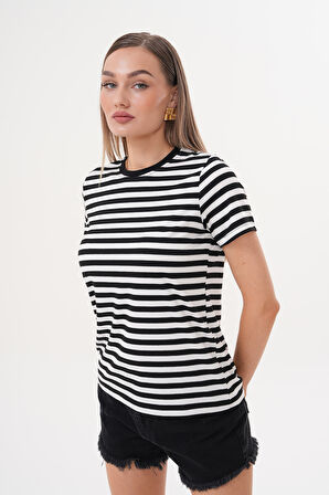 Kadın Çizgili T-shirt Bisiklet Yaka Kısa Kollu Tişört ÇİZGİLİ-TİŞÖRT