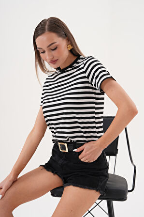 Kadın Çizgili T-shirt Bisiklet Yaka Kısa Kollu Tişört ÇİZGİLİ-TİŞÖRT