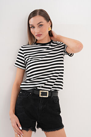 Kadın Çizgili T-shirt Bisiklet Yaka Kısa Kollu Tişört ÇİZGİLİ-TİŞÖRT