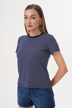 Kadın Çizgili T-shirt Bisiklet Yaka Kısa Kollu Tişört ÇİZGİLİ-TİŞÖRT