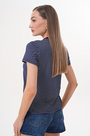 Kadın Çizgili T-shirt Bisiklet Yaka Kısa Kollu Tişört ÇİZGİLİ-TİŞÖRT