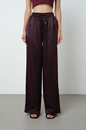 Kadın Düz Renk Bağcık Detaylı Bol Paça Beli Lastikli Pantolon