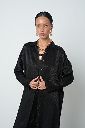 Kadın Siyah Renk Desenli Uzun Tunik Tesettür Gömlek - Elbise