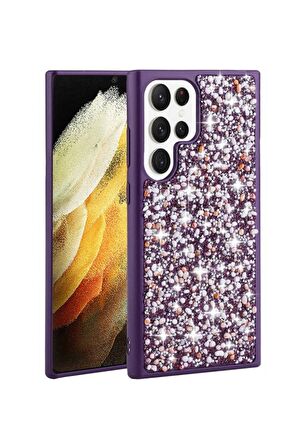 Galaxy S23 Ultra Uyumlu Işıltılı Zarif Parlak Taşlı Fuchsia Telefon Kılıfı