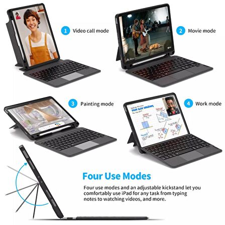 Apple iPad 10.9 İnç 10.Nesil Uyumlu Fuchsia Touch Pad Bluetooth Klavyeli Standlı Mıknatıslı Tablet Kılıfı