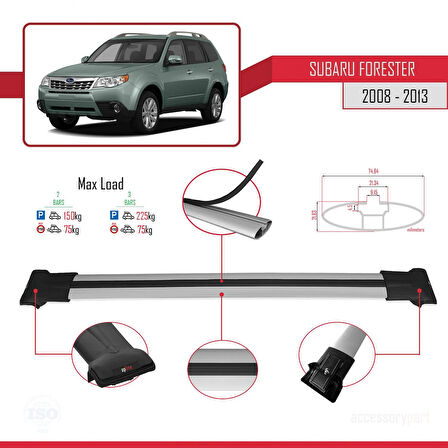 Subaru Forester 3 (SH) 2008-2013 Arası ile Uyumlu FLY Model Ara Atkı Tavan Barı Gri 2 Adet