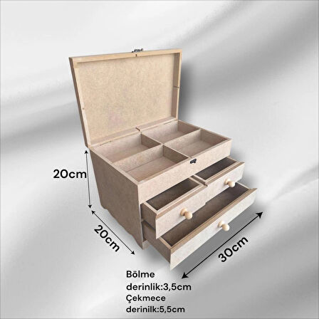 Ham Ahşap boyanabilir- ham MDF- 3 çekmeceli-4bölmeli dekoratif organizer kutu