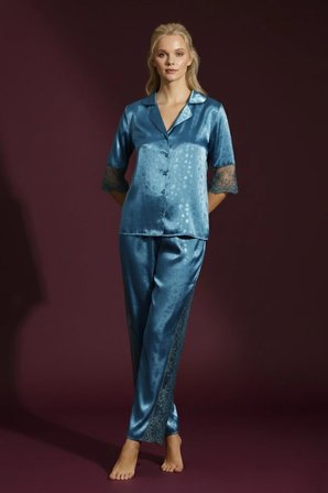 Laperissa Kadın Mavi Desenli Saten Düğmeli Pijama Takımı Dantel Kol Detaylı XL Alt Üst Set