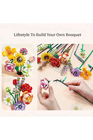 Yetişkinler İçin Dekoratif Çiçek Buketi Yapım Seti Legosu 568 Parça Papatya-Gül Ayçiçeği