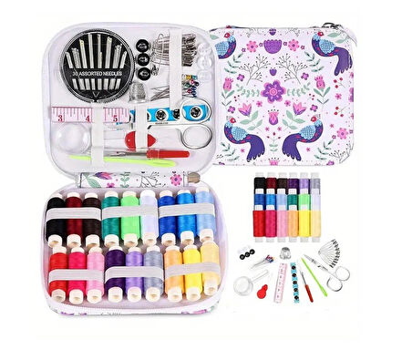 Dikiş Seti - Fermuarlı Çiçekli Seyahat- Yolculuk İçin Taşınabilir Çeyiz Dikiş Kutusu