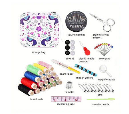 Dikiş Seti - Fermuarlı Çiçekli Seyahat- Yolculuk İçin Taşınabilir Çeyiz Dikiş Kutusu