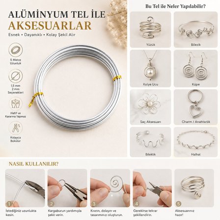 2 mm Kalınlık GÜMÜŞ 4,5-5 Metre Aras Tel Çiçek Takı Taç Hobi Şönil Amigurumi elin, Çiçek, Filografi ve Takı ArmCuff Teli