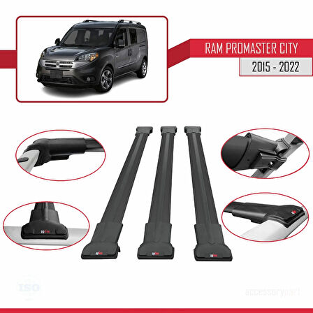 Ram Promaster City (636) 2015-2022 Arası ile Uyumlu FLY Model Ara Atkı Tavan Barı Siyah 3 Adet