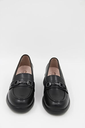 X-Trend 702-1 Tokalı-Dolgu Topuk-Deri Kadın Comfort Ayakkabı - Siyah