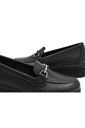 De Scario 715 Deri Toka Detaylı Deri Kadın Loafer Ayakkabı - Siyah