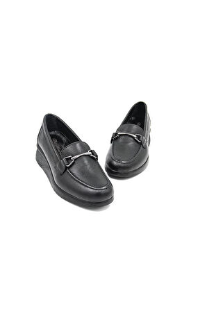 De Scario 715 Deri Toka Detaylı Deri Kadın Loafer Ayakkabı - Siyah