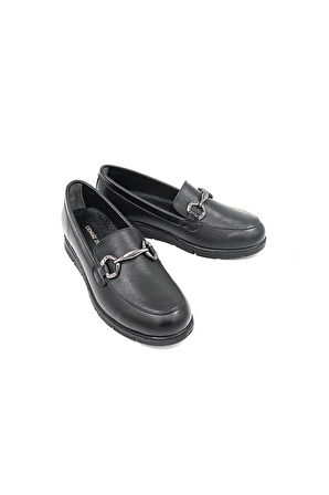 De Scario 449 Deri Toka Detaylı Kadın Loafer Ayakkabı - Siyah