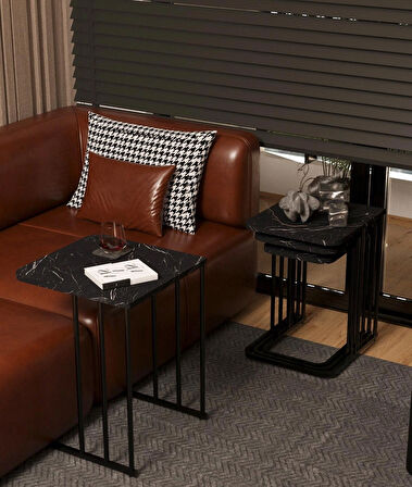 Ceylin 4lü Zigon Sehpa Mdf Tekerlekli Siyah Ayak Siyah Mermer