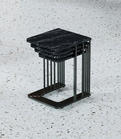 Ceylin 4lü Zigon Sehpa Mdf Tekerlekli Siyah Ayak Siyah Mermer