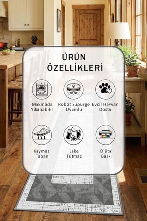 Antrasit Gri Yıkanabilir Kaymaz Taban Dijital Baskılı Mutfak Halısı