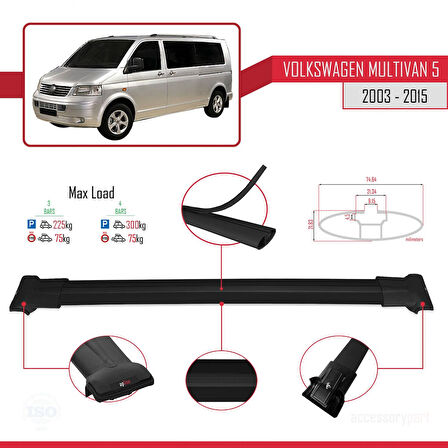 Volkswagen T5 Multivan 2003-2015 Arası ile Uyumlu FLY Model Ara Atkı Tavan Barı Siyah 3 Adet