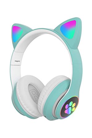 Fuchsia Kedi Kulaklık LED Işıklı Bluetooth Katlanabilir Eğlenceli Mikrofonlu Kulaklık