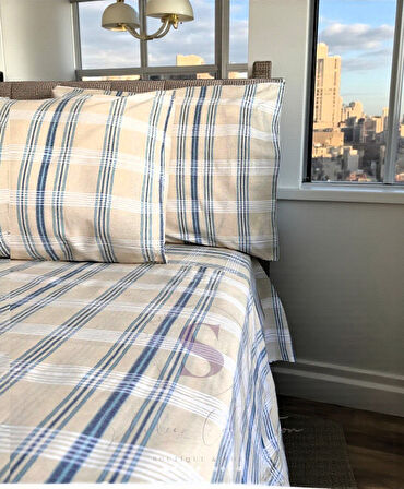 NATUREL BULDAN MAVİ EKOSE ÇİFT KİŞİLİK NEVRESİM TAKIMI