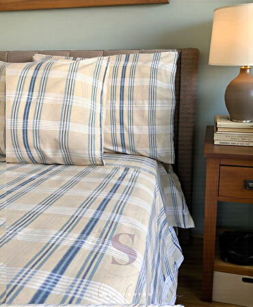 NATUREL BULDAN MAVİ EKOSE ÇİFT KİŞİLİK NEVRESİM TAKIMI