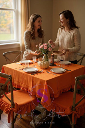 TURUNCU RENK EL YAPIMI BULDAN YIKANMIS KETEN 4 TARAFI FIRFIRLI SANDALYE MİNDERİ