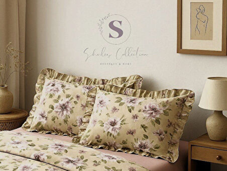 PEONY çiçekli % 100 Pamuk Dört tarafı Fırfırlı yastık kılıfı