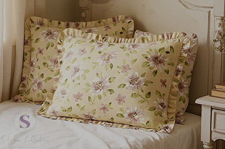 PEONY çiçekli % 100 Pamuk Dört tarafı Fırfırlı yastık kılıfı