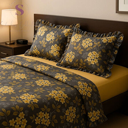 NERGİS çiçekli  Fırfırlı % 100 Pamuk Çift Kişilik Nevresim Takımı