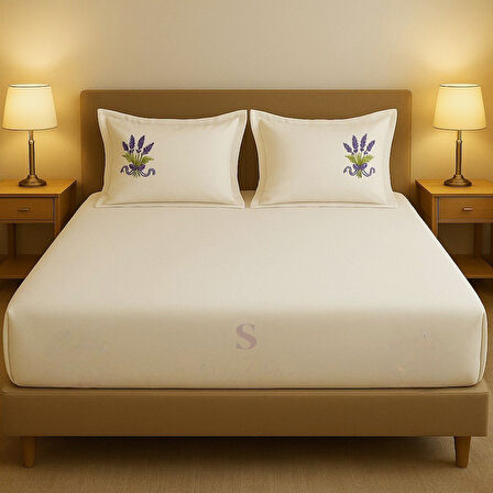 Shules collection Buldan Keteni Lavanta Nakışlı Çift Kişilik Çarşaf+Yastık Seti %100 Pamuk