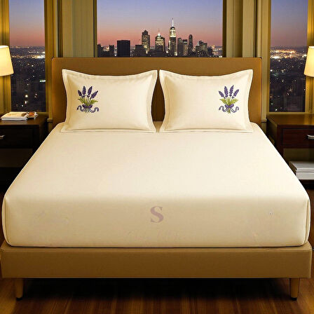 Shules collection Buldan Keteni Lavanta Nakışlı Çift Kişilik Çarşaf+Yastık Seti %100 Pamuk