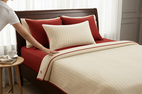 KIRMIZI - EKRU ÖRGÜ DESEN ÇİFT KİŞİLİK NEVRESİM TAKIMI (PİKE TKM)