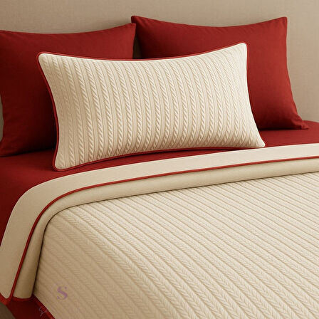 KIRMIZI - EKRU ÖRGÜ DESEN ÇİFT KİŞİLİK NEVRESİM TAKIMI (PİKE TKM)