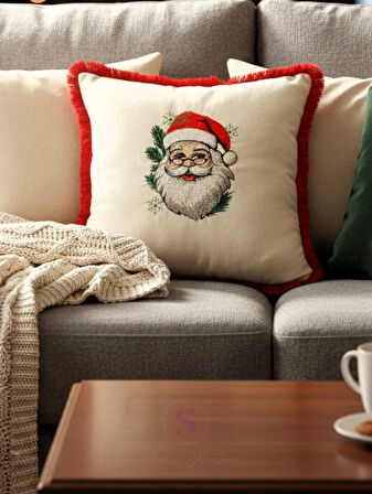 NOEL BABA NAKIŞLI FIRFIRLI BULDAN KETENİ YASTIK KILIFI (43 x 43) 1 Adet Dolgusuz