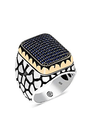 Rennes Lacivert Zirkon Taşlı Yanı İşlemeli Özel Seri Erkek Gümüş Yüzük