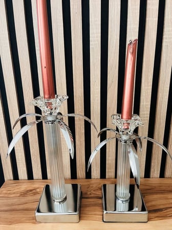 MYK Hediye ve Sanat Atölyesi İkili Dekoratif Şamdan Gümüş Metal Cam Kristal 28 cm 23 cm