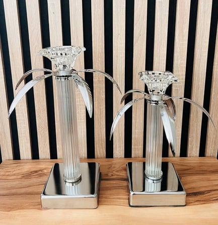 MYK Hediye ve Sanat Atölyesi İkili Dekoratif Şamdan Gümüş Metal Cam Kristal 28 cm 23 cm
