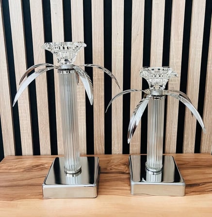 MYK Hediye ve Sanat Atölyesi İkili Dekoratif Şamdan Gümüş Metal Cam Kristal 28 cm 23 cm