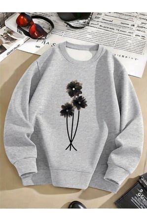 Unisex Gerbera Papatya Baskılı Bisiklet Yaka Sweatshirt