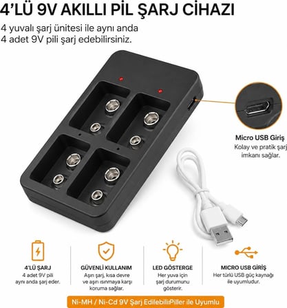 Qasul 9V Pil Şarj Cihazı 4 Yuvalı Micro USB Girişli Li-Ion Ni-Mh Ni-Cd Uyumlu Akıllı Şarj Cihazı