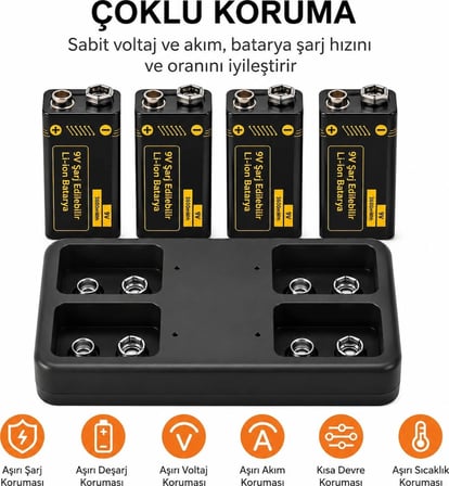 Qasul 9V Pil Şarj Cihazı 4 Yuvalı Micro USB Girişli Li-Ion Ni-Mh Ni-Cd Uyumlu Akıllı Şarj Cihazı