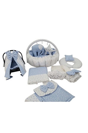 Gri Yıldız Mavi Tasarım Lüx Babynest Oyun Minderi 13 Parça Set