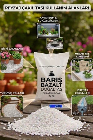 Beyaz Çakıl Taşı 25 KG – Doğal Dekoratif Taş Bahçe Peyzaj Saksı Teraryum Akvaryum Taşı